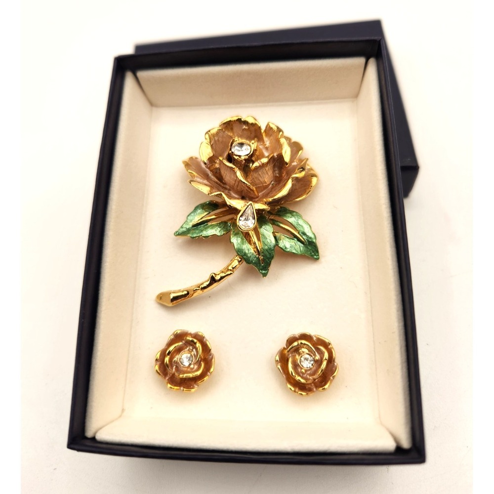 Graziano England's Rose 1997 Gold Plated Enamel Crystal Rose Brooch Earring Set
